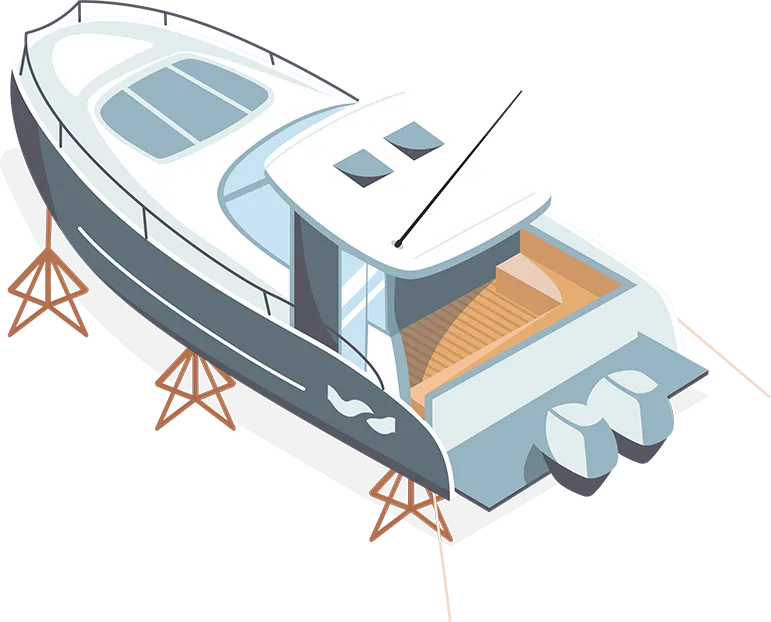 Illustration of a white and gray motorboat on prop stands, featuring an open rear deck and two outboard engines.