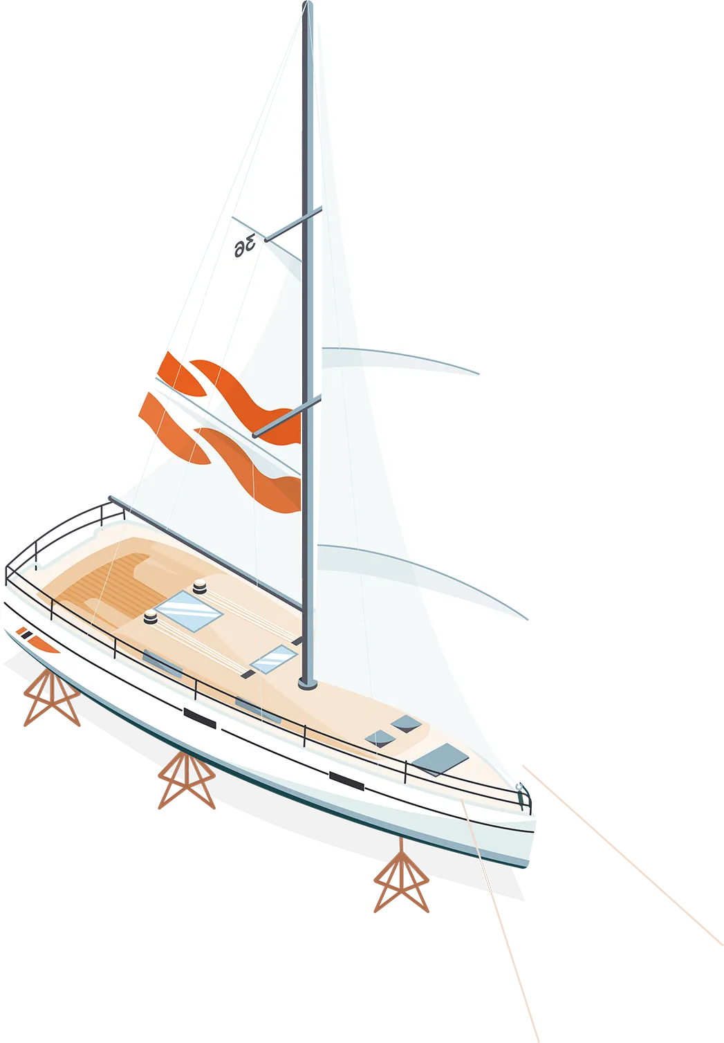 Illustration of a yacht with white and orange sails, docked at a pier. The deck is equipped with hatches and a steering wheel.