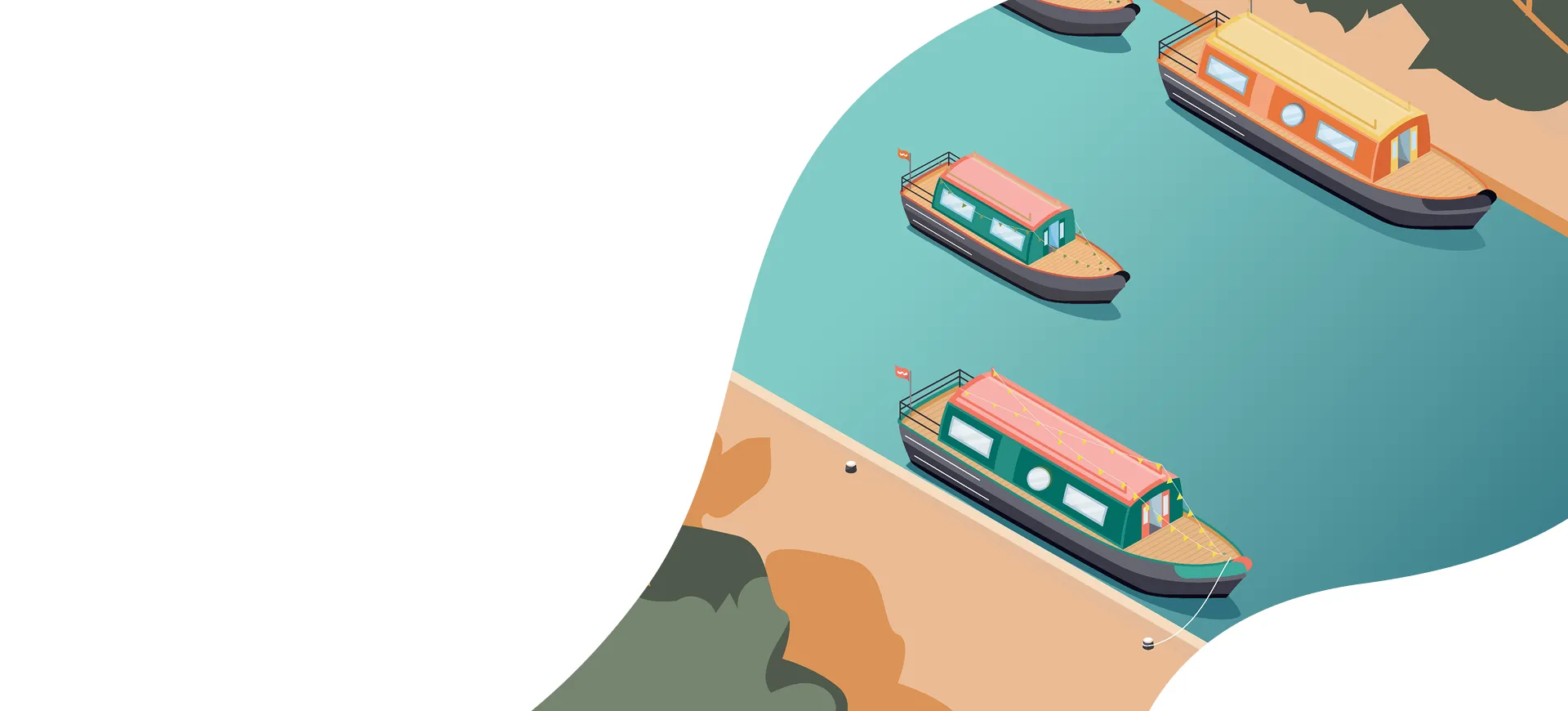 Illustration of four canal boats docked along a curved waterfront with minimalistic design and muted colors.