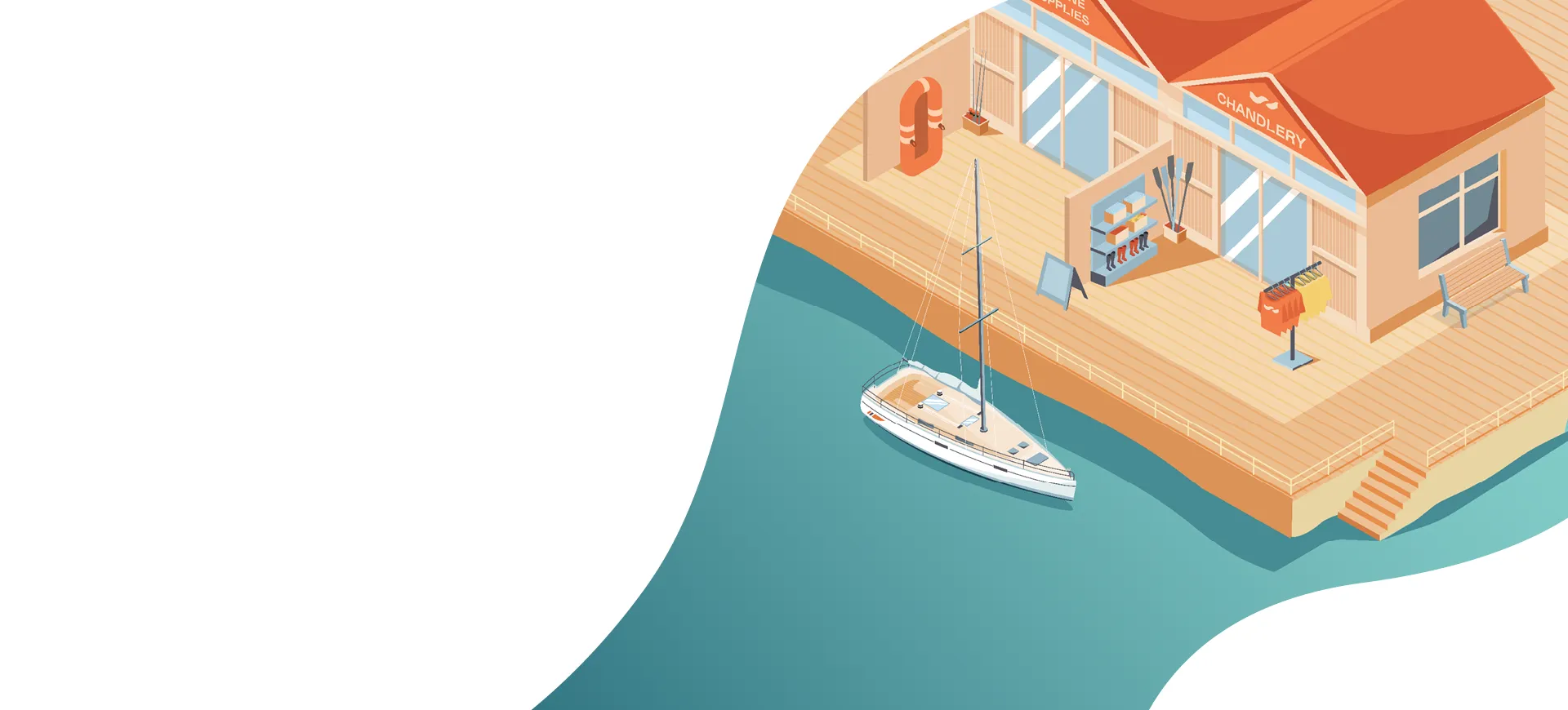 Isometric illustration of a boat docked at a seaside cafe with orange roofs, two large lifebuoys, and outdoor seating on a wooden deck.