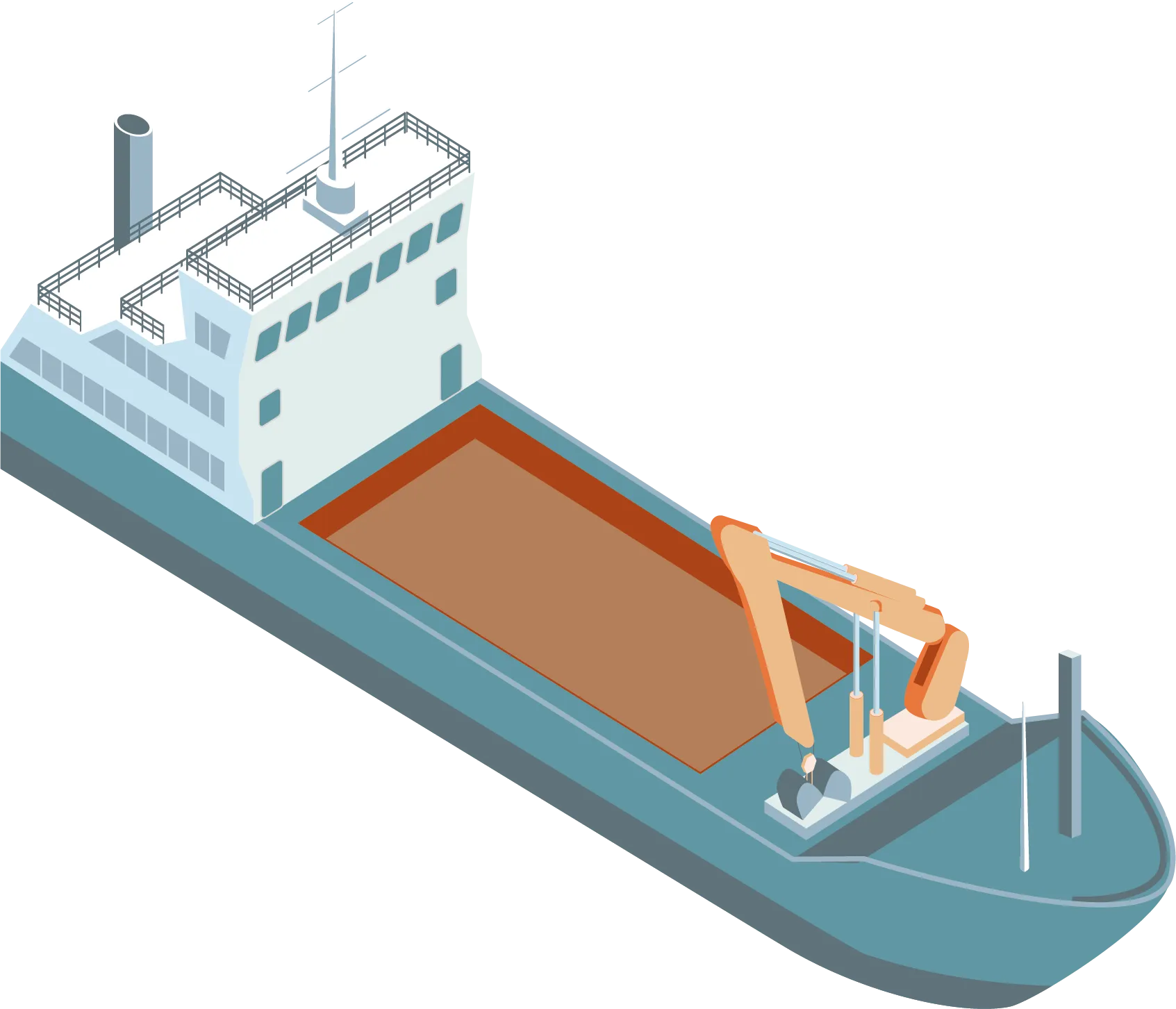 Illustration of a cargo ship with a large open cargo hold and a crane on the deck for loading and unloading materials.