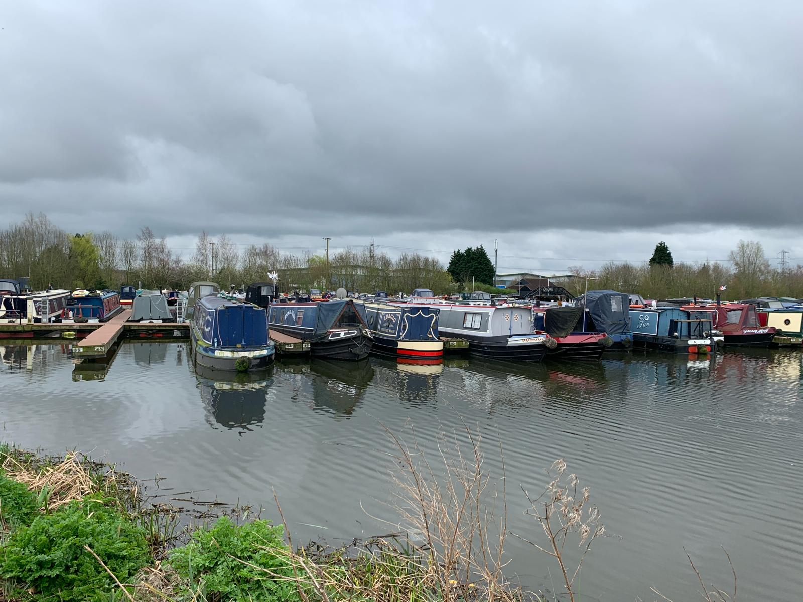 A row of narrowboats is moored at a marina under a cloudy sky, with bushes and reeds in the foreground.