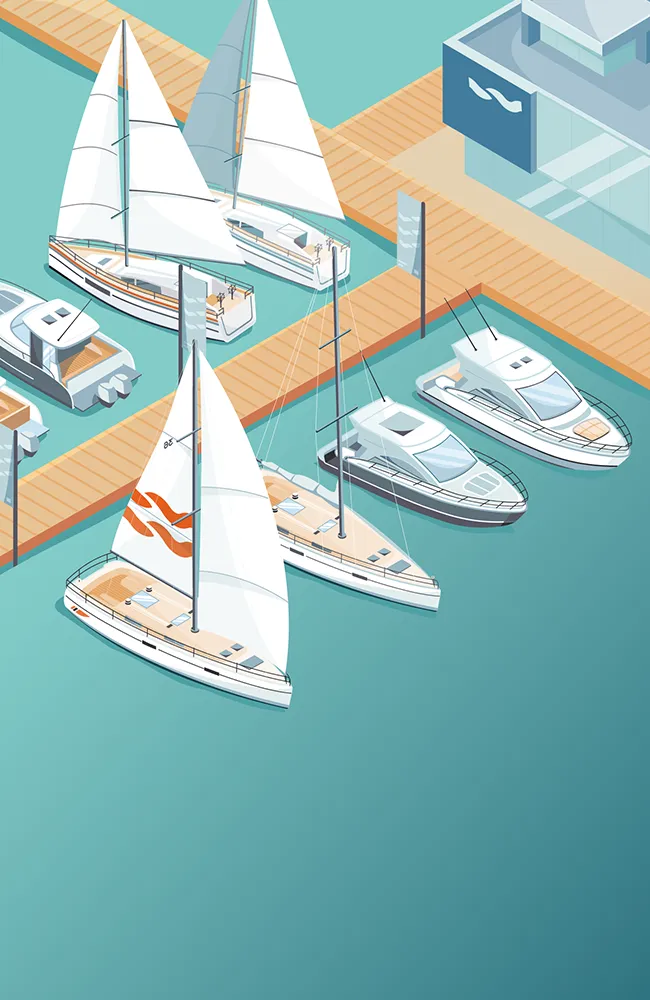 Illustration of sailboats and motorboats docked at a marina with a modern building in the background.