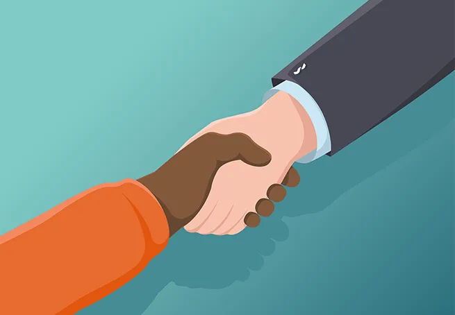 Illustration of two hands shaking; one is dark-skinned and wearing an orange sleeve, the other is light-skinned and wearing a business suit.