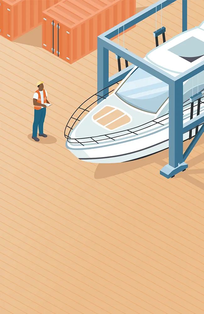 A worker with a clipboard stands near a boat lifted by a large hoist in a dock area with orange shipping containers.