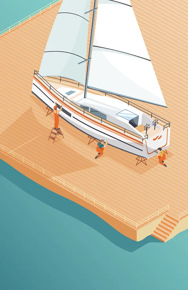 Illustration of workers in safety gear painting and maintaining a sailboat moored at a wooden dock with steps leading to the water.