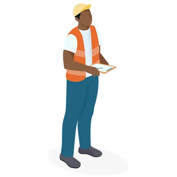 Person in a hard hat and safety vest holds a tablet, standing with legs slightly apart.