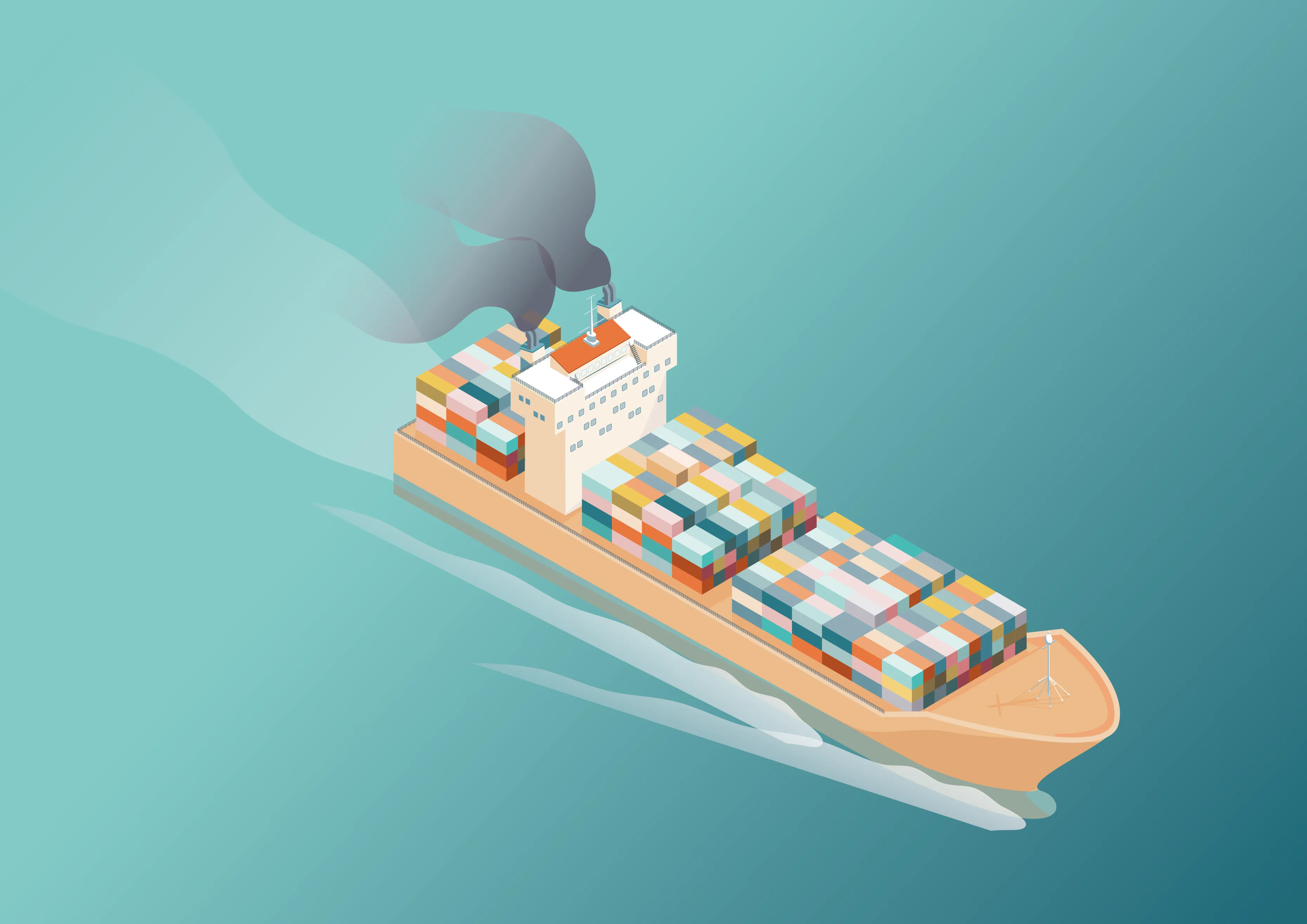 An illustration of a cargo ship on the ocean, producing smoke from its smokestack and carrying multiple stacked shipping containers, highlights the urgent need for sustainability in maritime transport.