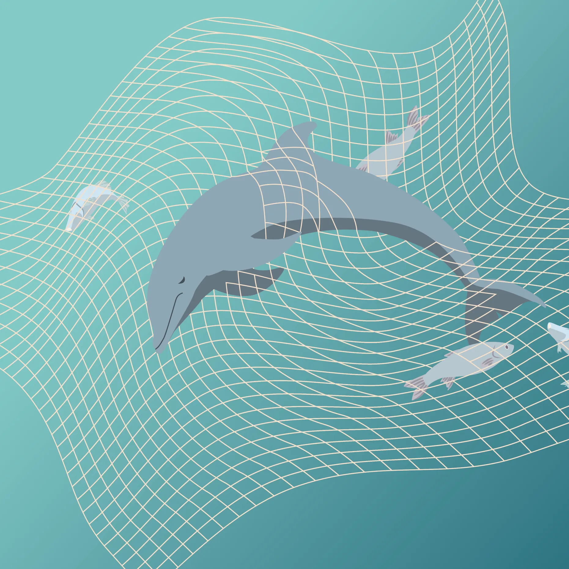 Illustration of a dolphin and small fish trapped in a fishing net against a gradient blue-green background, highlighting the importance of sustainability.