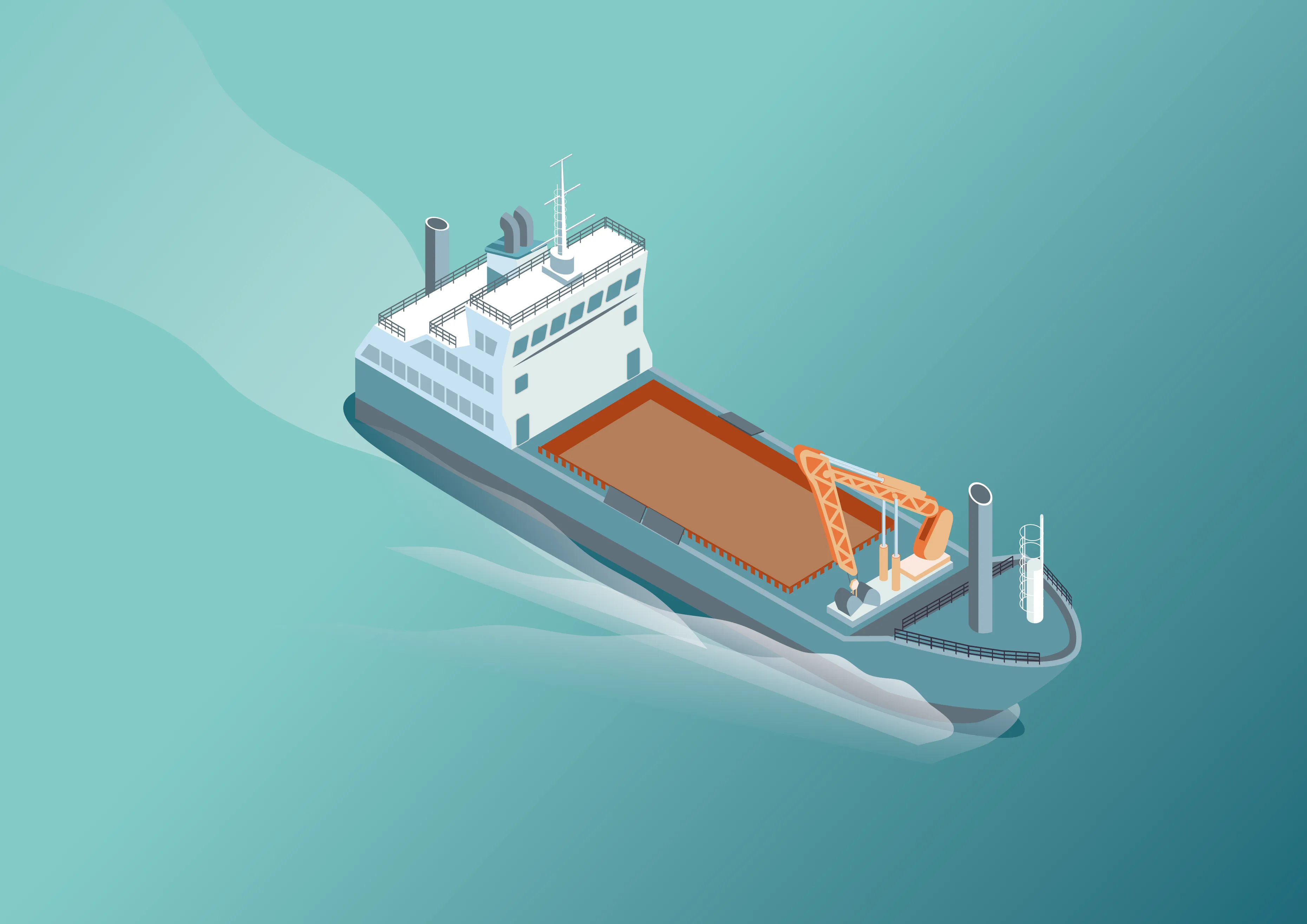 Illustrated cargo ship with a large open container area and an orange crane on the green-blue ocean.