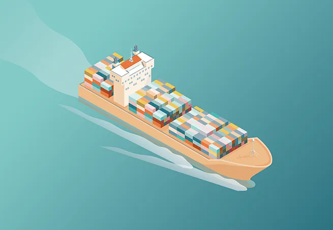 Illustration of a cargo ship sailing on water, loaded with multicolored shipping containers.