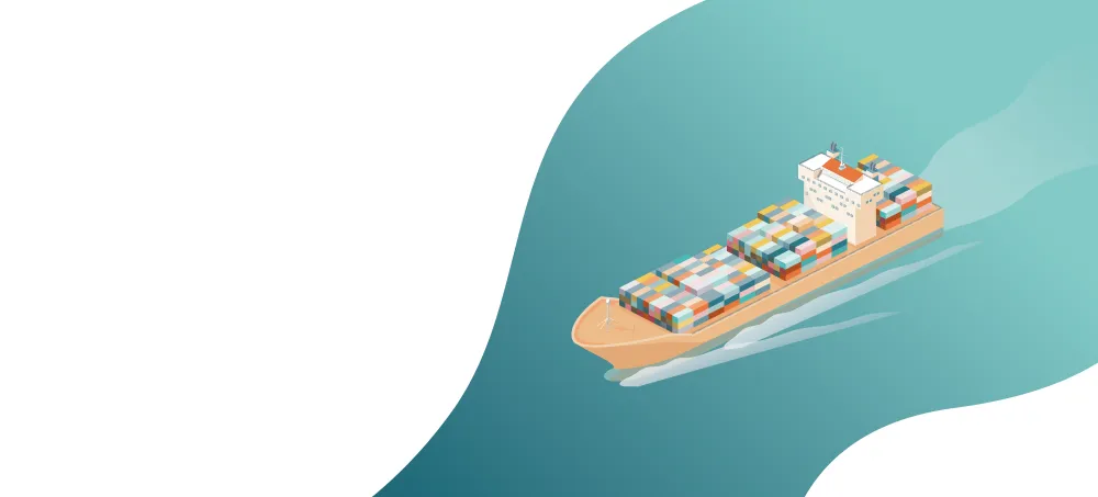 Illustration of a cargo ship carrying multicolored containers, navigating through teal water with a white background.