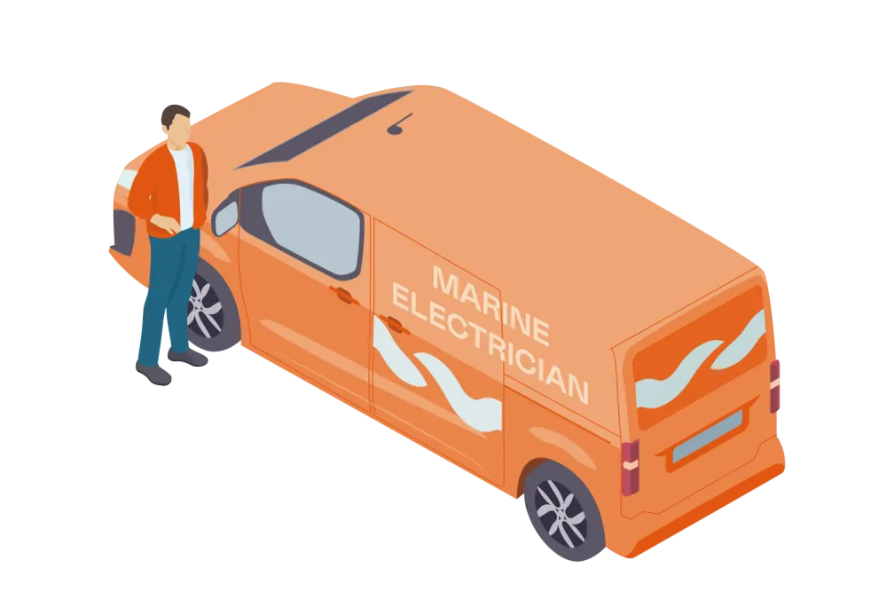 Illustration of a person standing beside an orange van labeled 