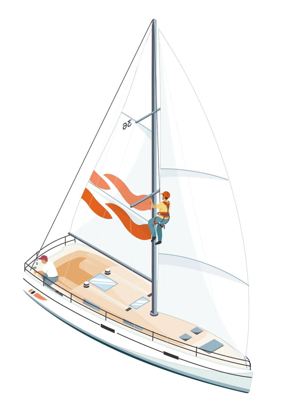 Illustration of a sailboat within the marine industry, showcasing two people; one climbs the mast while the other attends to tasks on deck.